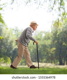 Full Length Profile Shot Of A Senior Man Walking With A Cane In A Park