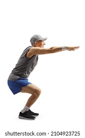 Full Length Profile Shot Of A Senior Man Doing A Squat Exercise Isolated On White Background