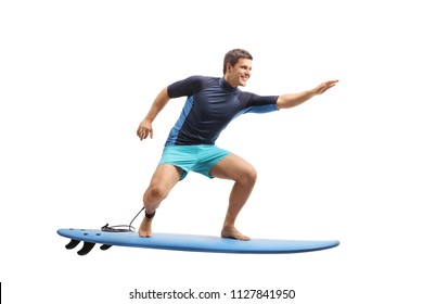 Full Length Profile Shot Of A Surfer Surfing On A Surfboard Isolated On White Background