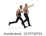 Full length profile shot of two security guards running and using walkie talkie isolated on white background