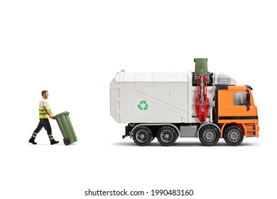 Full Length Profile Shot Of A Waste Collector Pushing A Bin Towards A Garbage Truck Isolated On White Background