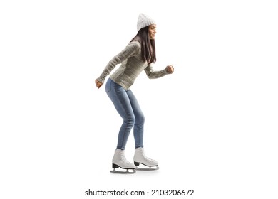 Full Length Profile Shot Of A Young Casual Woman Ice Skating Isolated On White Background