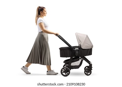 Full length profile shot of a young mother pushing a baby stroller isolated on white background