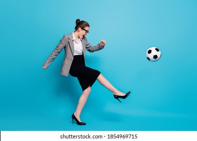 Full Length Profile Side Photo Funky Boss Woman Kick Ball Scream Wear Blazer Skirt Isolated Blue Color Background