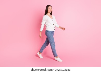 Full length profile side photo of cheerful happy lady walk empty space smile isolated on pink color background