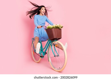 Full length profile side photo of young girl happy positive smile excited ride bicycle fast isolated over pastel color background