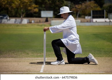 Full length profile view of umpire putting bails on stumps at field during match - Powered by Shutterstock