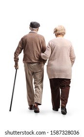 Full Length Rear View Shot Of A Senior Man And Woman Walking Isolated On White Background