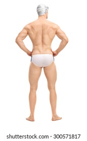 Full Length Rear View Shot Of A Handsome Male Swimmer In White Swim Trunks And A Gray Swim Cap Isolated On White Background