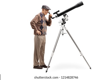 Full Length Shoit An Elderly Man Looking Through A Telescope Isolated On White Background