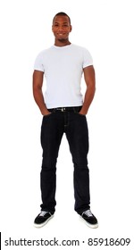 Full Length Shot Of An Attractive Black Man. All On White Background.