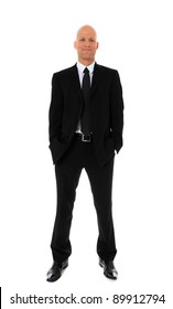 Full Length Shot Of An Attractive Man Wearing Black Suit. All On White Background.