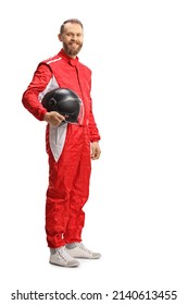 Full length shot of a car racer holding a helmet and smiling isolated on white background