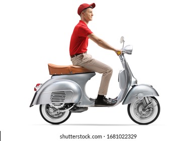 Full Length Shot Of A Delivery Guy Riding A Scooter Isolated On White Background