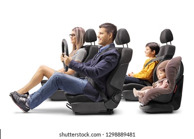 Full Length Shot Of A Family Of Four In Car Seats With A Fastened Seat Belts Isolated On White Background