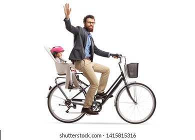 Full Length Shot Of A Father Riding A Child In A Bicycle Child's Seat And Waving At The Camera Isolated On White Background