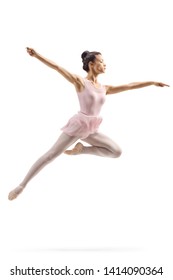 Full Length Shot Of A Female Ballerina Performing A Jump Isolated On White Background