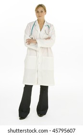 Full Length Shot Of Female Doctor Against White Background