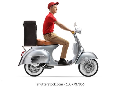 Full Length Shot Of A Food Delivery Guy With A Scooter Isolated On White Background