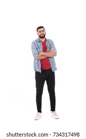 Full Length Shot Of Handsome Beard Man Wearing Jeans Shirt And Black Pants, Guy Smiling And Standing Confidently, Isolated On White Background