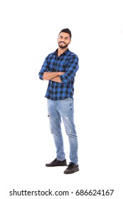 Full Length Shot Of Handsome Happy Beard Young Man Smiling And Standing Confidently, Guy Wearing Blue Caro Shirt And Jeans, Isolated On White Background