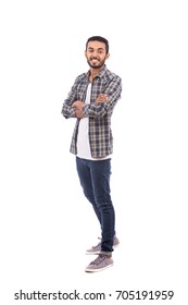 Full Length Shot Of Handsome Happy Beard Young Man Smiling And Standing Confidently, Guy Wearing Caro Shirt And Jeans, Isolated On White Background