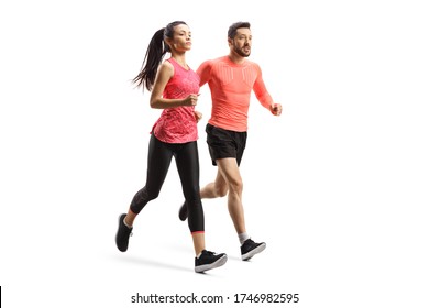 Full length shot of a man and woman in sportswear running together isolated on white background