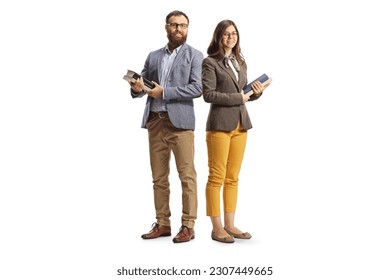 Full length shot of a man and woman posing and holding books isolated on white background - Powered by Shutterstock