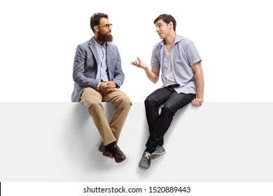 Full length shot of men sitting on a banner and talking isolated on white background