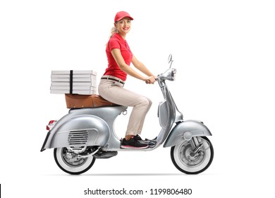 Full Length Shot Of A Smiling Pizza Delivery Woman On A Scooter With Pizza Boxes Isolated On White Background