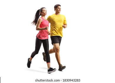 Full length shot of a young man and woman in sportswear jogging isolated on white background - Shutterstock ID 1830943283