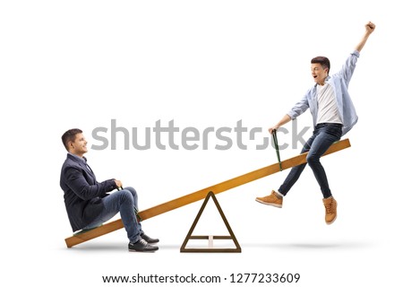 Full length shot of a young man and a teenage boy on a seesaw isolated on white background