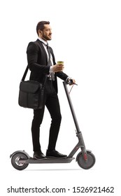 Full Length Shot Of A Young Professional Man With A Laptop Case And A Takeaway Coffee On An Electric Scooter Isolated On White Background