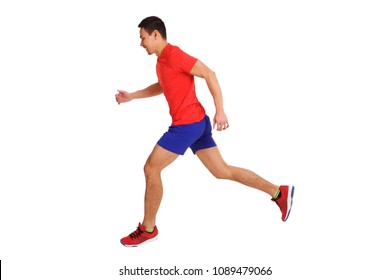 Full Length Side Portrait Of Fit Older Asian Man Running Over White Background