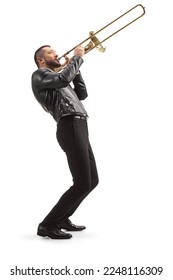 Full length side shot of a male musician playing a trombone isolated on white background
