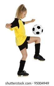 Full Length Side View Of Eight Year Old Girl With Soccer Ball, Isolated On White Background.