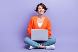 Full Length Size Photo Of Young Cheerful Designer Worker Lady Sitting Use Personal Laptop Enjoy Her Frelance Job Isolated On Violet Color Background