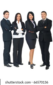 Full Length Of Smiling  Business People Group Standing In A Row With Hands Folded Isolated On White Background