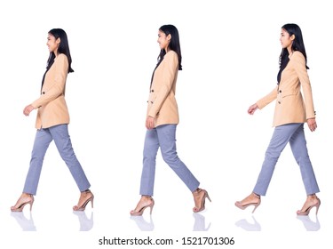 Full Length Snap Figure 20s 30s Asian Business Woman Stand In Cream Formal Proper Suit Pants And High Heel Shoes, Studio Lighting White Background Isolated, Collage Group Pack Walks Many Poses