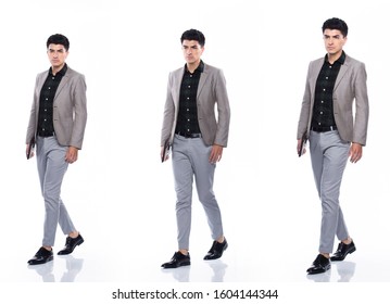 Full Length Snap Figure, Caucasian Business Man Stand In Suit Dark Green Shirt Gray Pants And Shoes, He Has Confident Walk Happy Smile Strong, Collage Group Over White Background Isolated