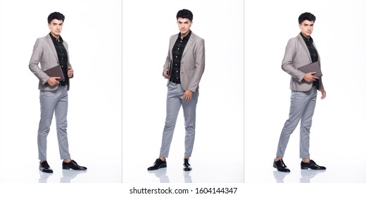 Full Length Snap Figure, Caucasian Business Man Stand In Suit Dark Green Shirt Gray Pants And Shoes, He Has Confident Walk Happy Smile Strong, Collage Group Over White Background Isolated