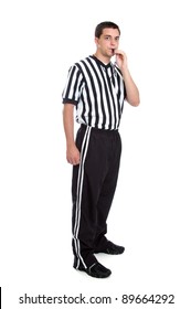 Full Length Teen Referee Portrait Blowing His Whistle Isolated On White