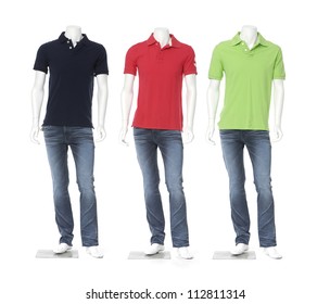 Full Length Three Male Mannequin Dressed In Jeans With Colorful T-shirt