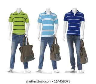 Full Length Three Male Mannequin Dressed In Jeans With Striped Shirt