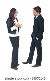 Full Length Of Two Business People Having A Conversation And Woman Explaining Something To Man Isolatedon White Background