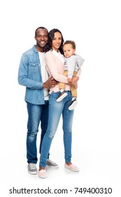 Full Length View Of Happy African American Family With One Kid Smiling At Camera Isolated On White 