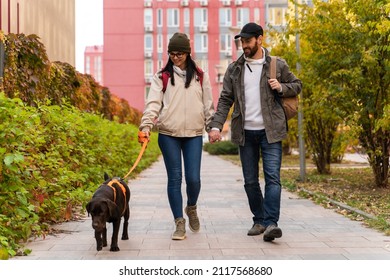 Full Length View Of The Romantic Couple In Love Walking With Dog In City Street While Holding Hands Of Each Other And Feeling Happy 