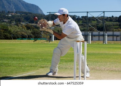 Full length of wicketkeeper catching cricket ball behind stumps on field during sunny day - Powered by Shutterstock