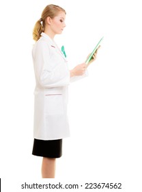 Full Length Of Woman In Lab Coat With Stethoscope And Clipboard As Doctor Isolated. Medical Person For Health Insurance.