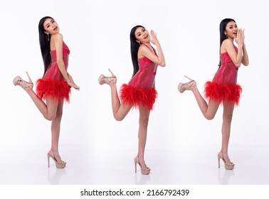 Full Length Of Young Asian 20s Beautiful Woman, Look At Camera, Wear Sparkling Sequin Evening Gown High Heels Shoes. Pageant Female Poses In Red Short Skirt Dress Over White Background Isolated